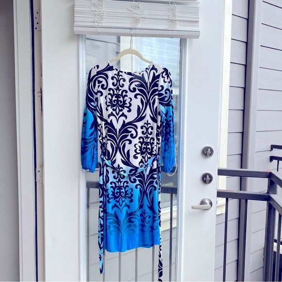 Loila Medium Paisley Print Round Neck Elastic Puff Sleeve Tie Belt Work Dress - Picture 10 of 11